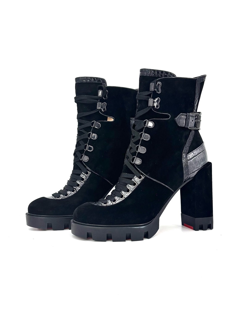 Christian Louboutin Macademia 100 Bootie Black Leather Trim Platform Boots 39